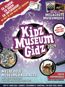 Kidz Museum Gidz. Met een mega grote museumquiz, mega coole museumchallenges. Paars en blauwe kleur